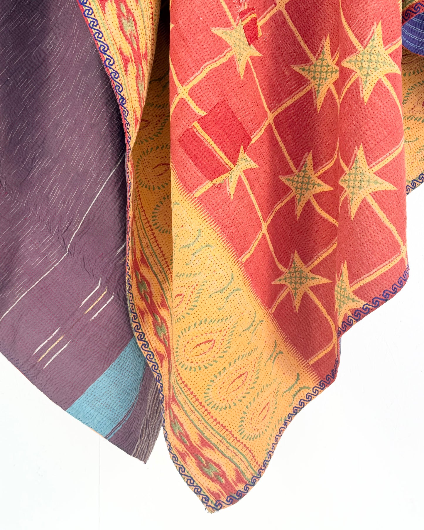 Extra Large Fine Stitched Vintage Kantha Quilt in Mustard Yellow, Red and Blue