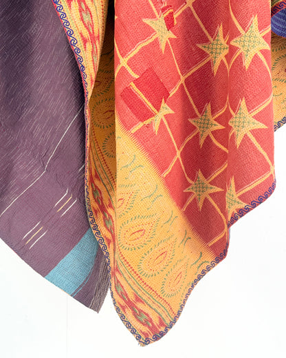 Extra Large Fine Stitched Vintage Kantha Quilt in Mustard Yellow, Red and Blue