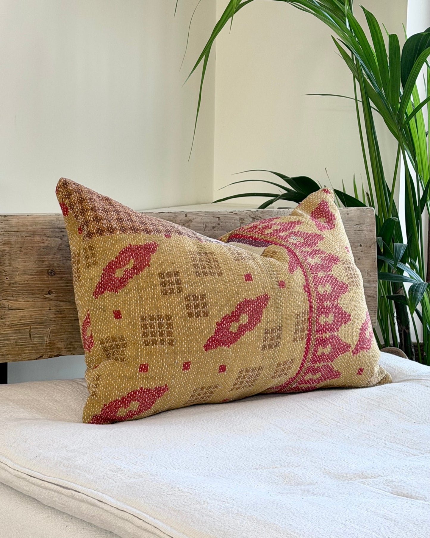 Handmade Vintage Kantha Cushion In Mustard Yellow And Red - Large Rectangular - Biggs & Hill