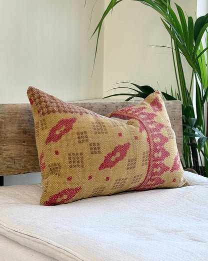 Handmade Vintage Kantha Cushion In Mustard Yellow And Red - Large Rectangular - Biggs & Hill