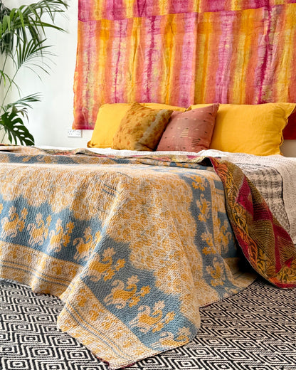 Large Textured Vintage Kantha Quilt in Geometric Pink and yellow - Biggs & Hill