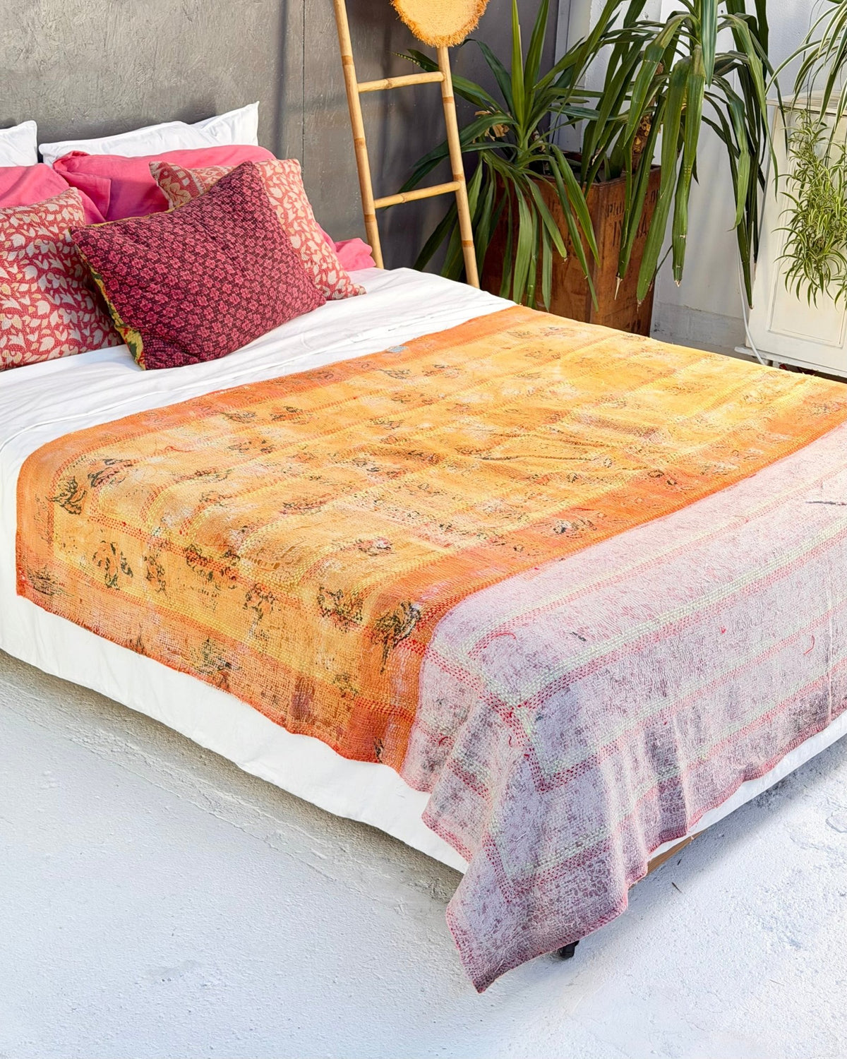 Embroidered Vintage Kantha Quilt in Yellow and Pink - Biggs & Hill