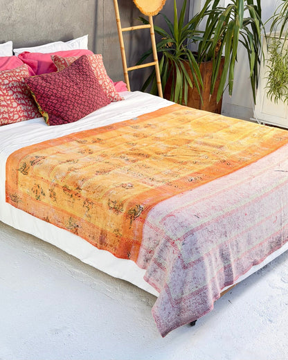 Embroidered Vintage Kantha Quilt in Yellow and Pink - Biggs & Hill