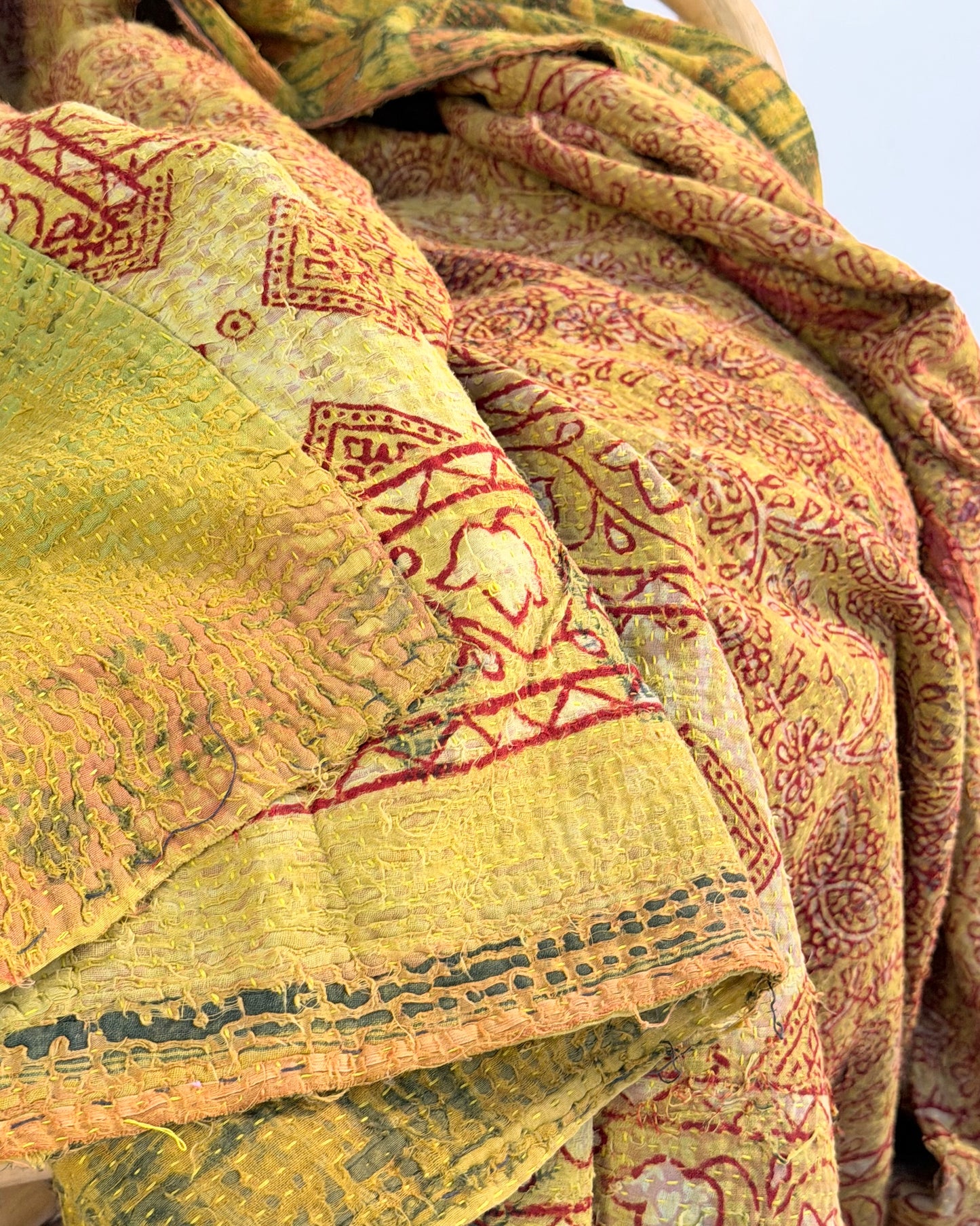 Extra Large Ajrakh Printed Vintage Kantha Quilt In Green-Gold