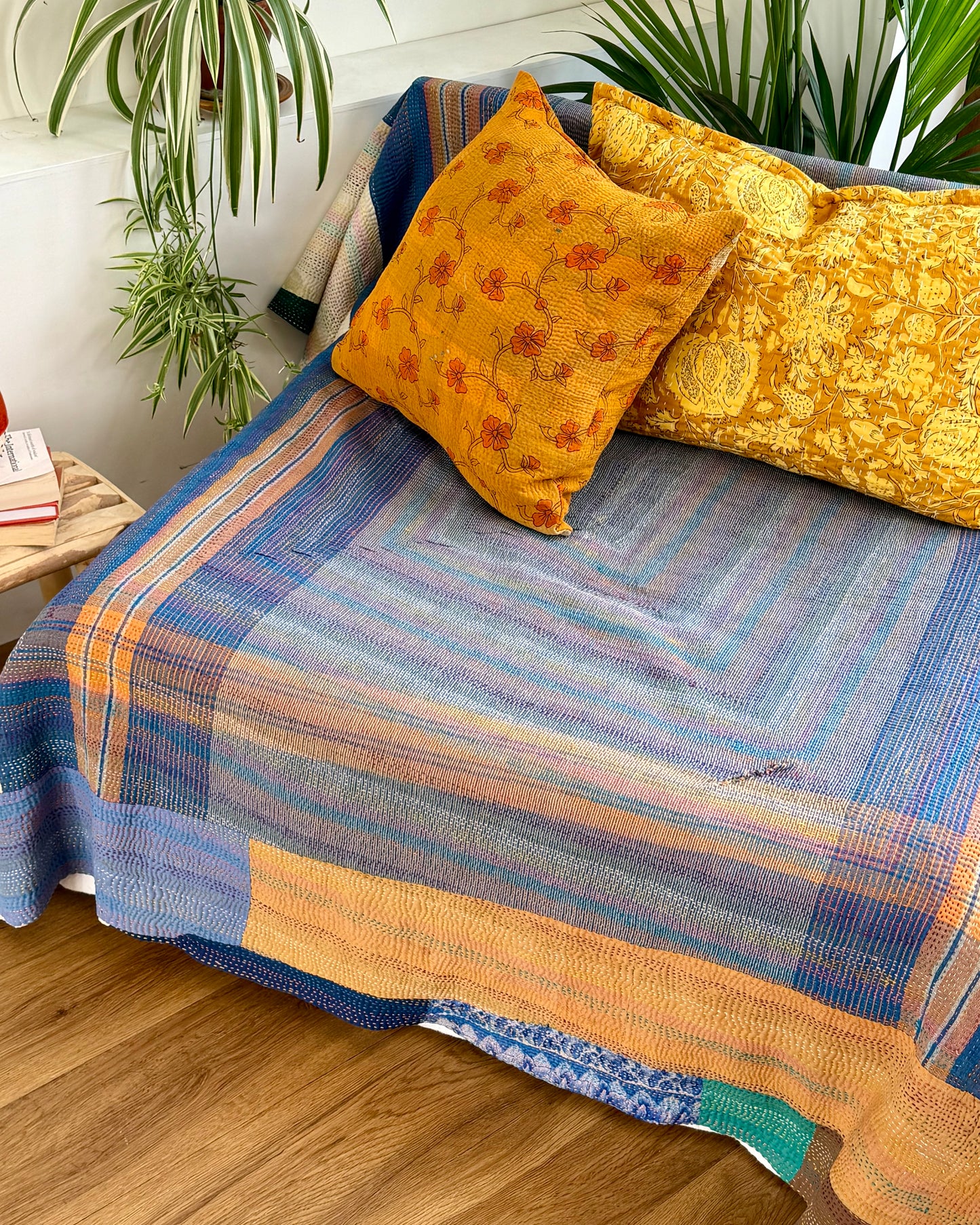 Vintage Embroidered Ralli Quilt in Black and Blue