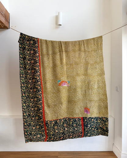 Hand Block Printed Fine Stitched Vintage Kantha Quilt In Muted Blue-Green and Orange