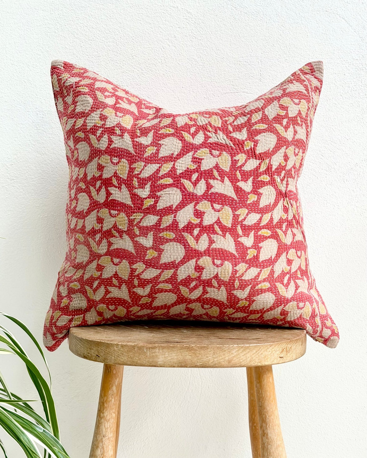 Handmade Vintage Kantha Cushion Cover In Pink Floral - 45cm (18") - Biggs & Hill