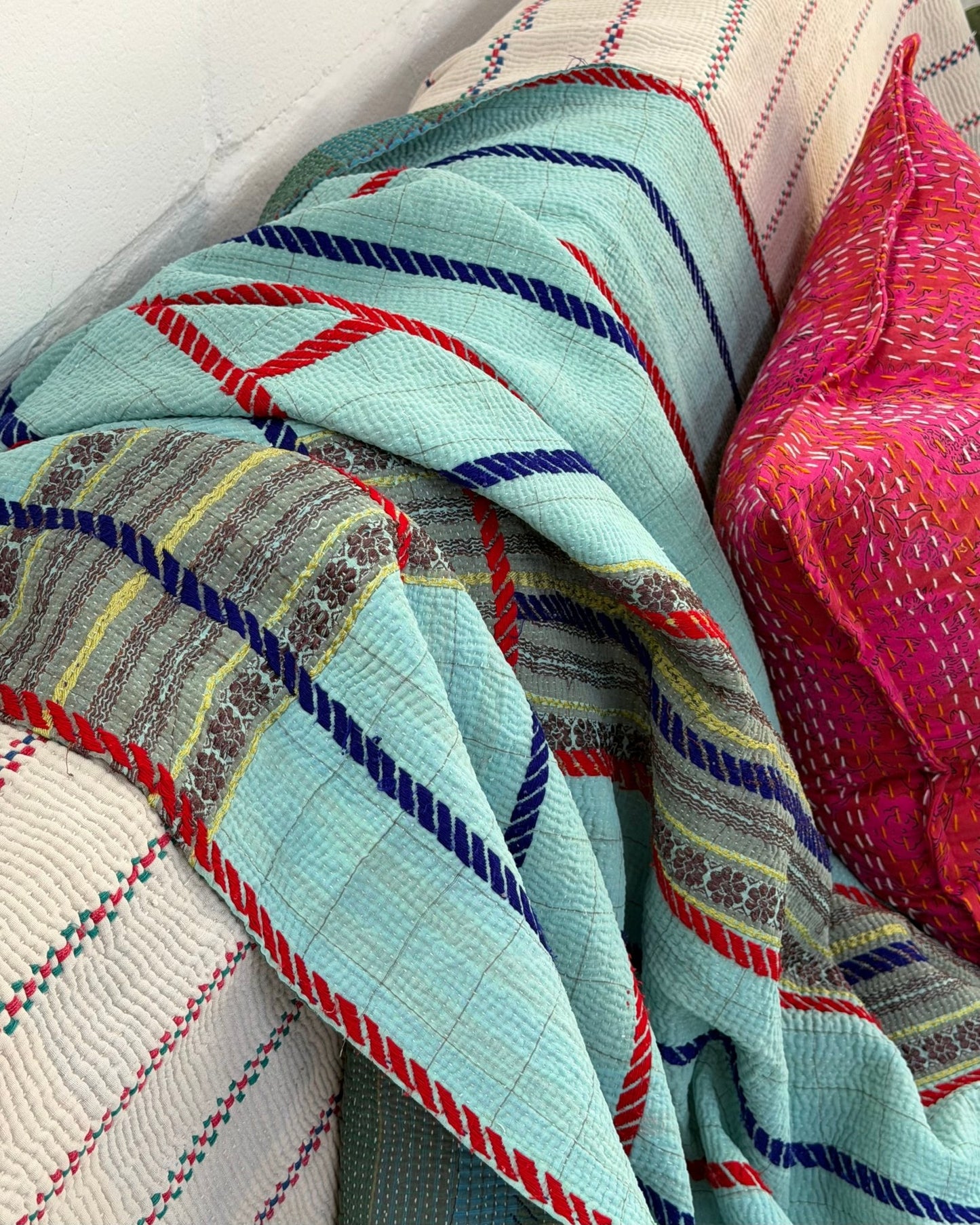 Large Fine Stitched Embroidered Vintage Kantha Quilt in Bahama Blue - Biggs & Hill