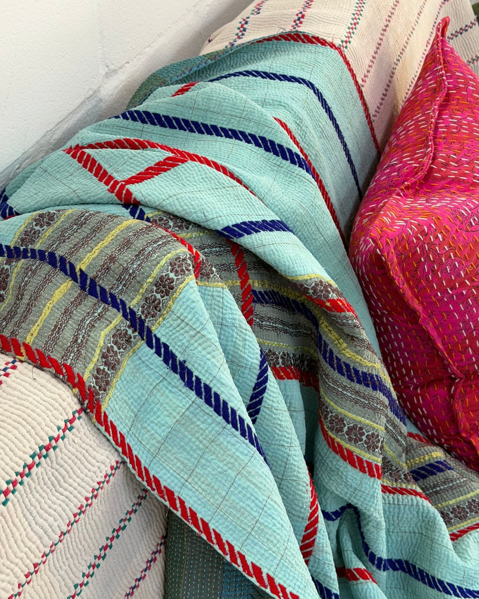 Large Fine Stitched Embroidered Vintage Kantha Quilt in Bahama Blue - Biggs & Hill