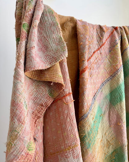Project Kantha Quilt: Soft Yellow and Pink With Authentic Aged Texture - Biggs & Hill