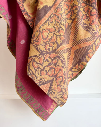 Large Fine Stitched Vintage Kantha Quilt With Yellow and Brown Flame Pattern - Biggs & Hill