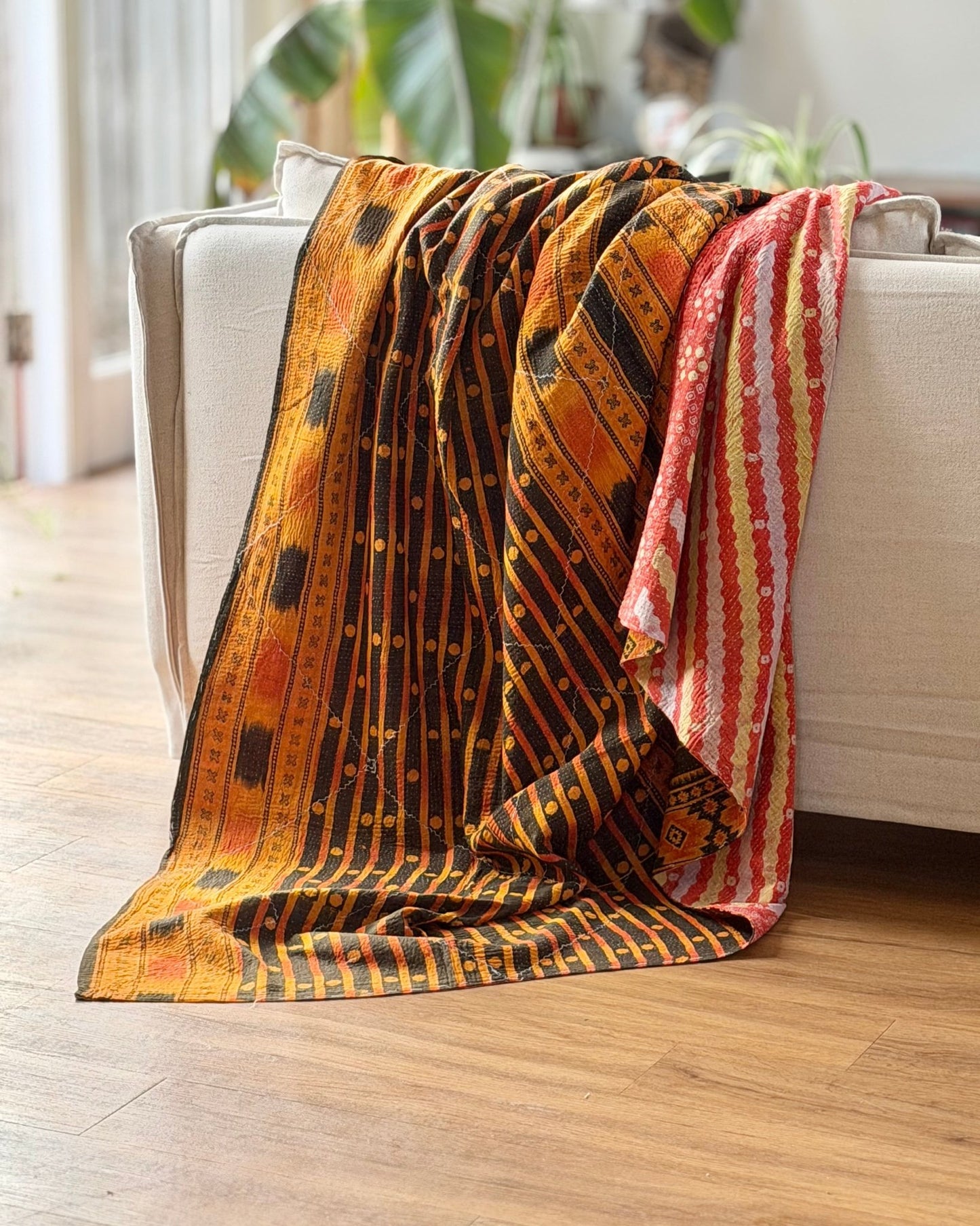 Large Fine Stitched Vintage Kantha Quilt in Orange, Black and Pink - Biggs & Hill
