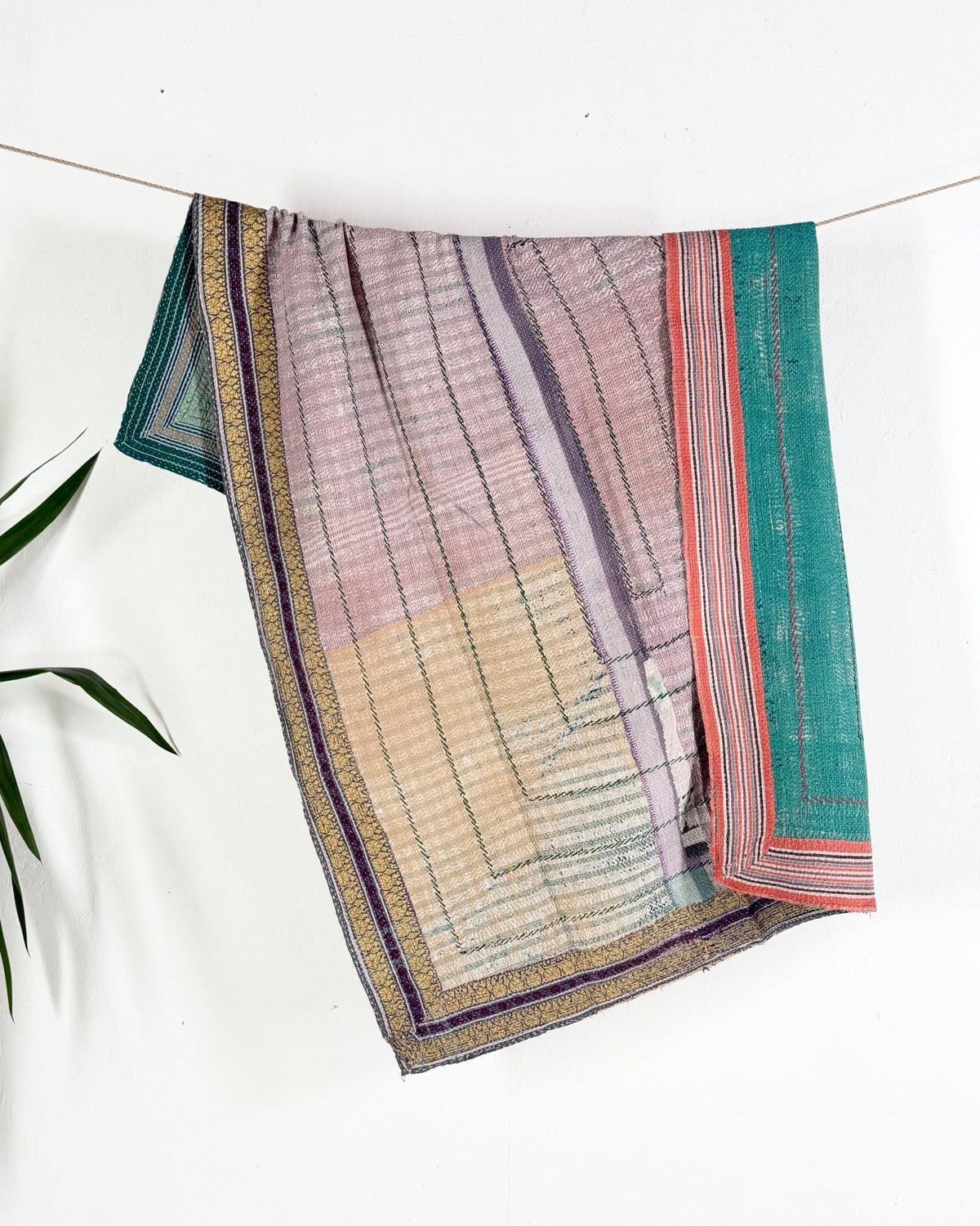 Embroidered Vintage Kantha Quilt in Pink and Turquoise - Biggs & Hill