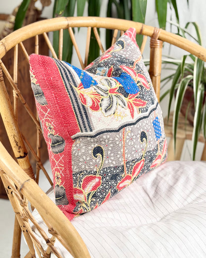 Handmade Vintage Kantha Cushion Cover In Red and Blue - 45cm (18") Square