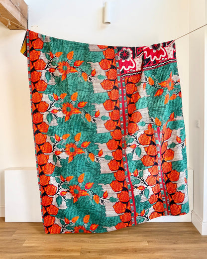 Extra Large Fine Stitched Vintage Kantha Quilt in Red, Navy and Green - Biggs & Hill