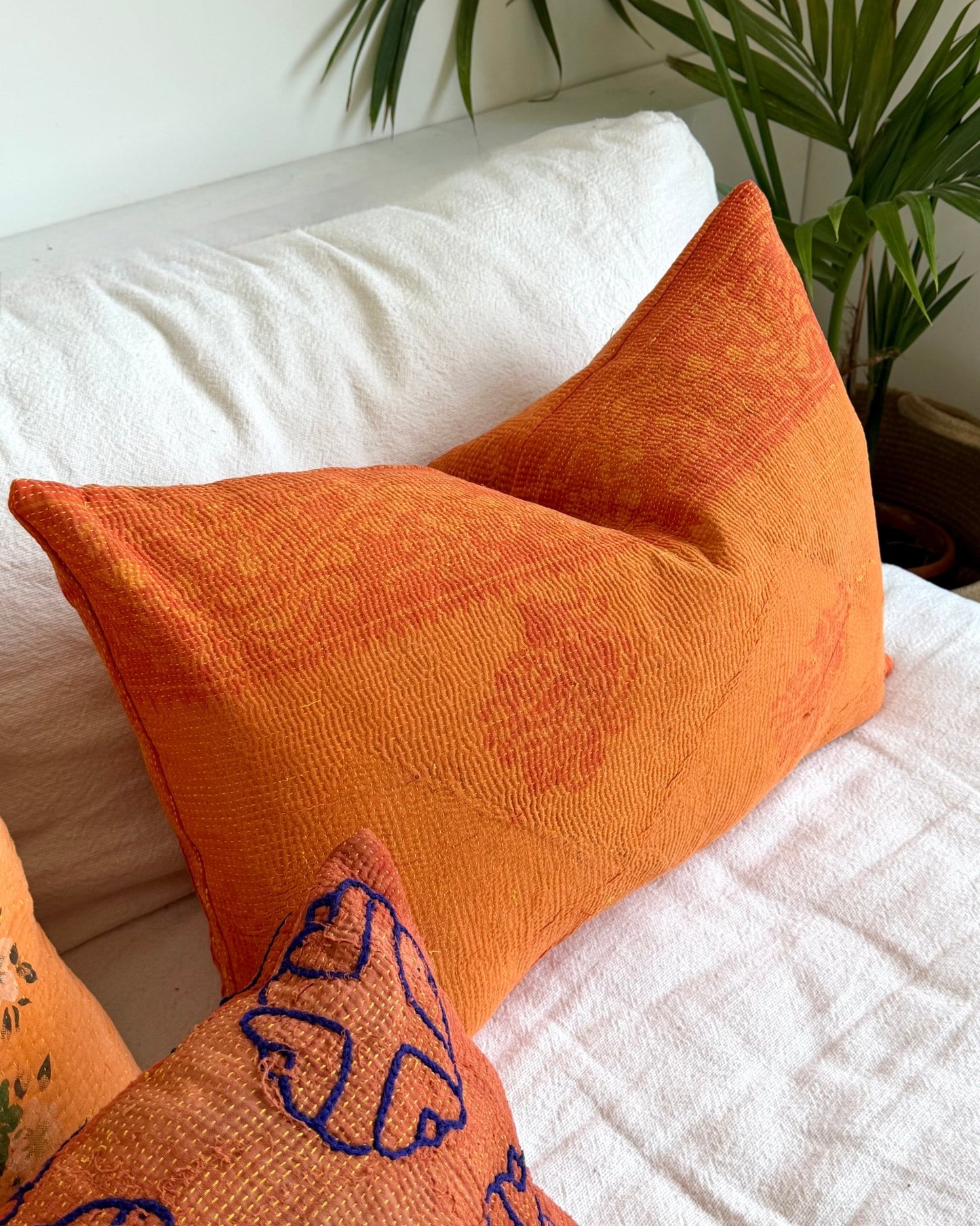 Vintage Kantha Cushion In Orange 03 - Large Rectangular - Biggs & Hill