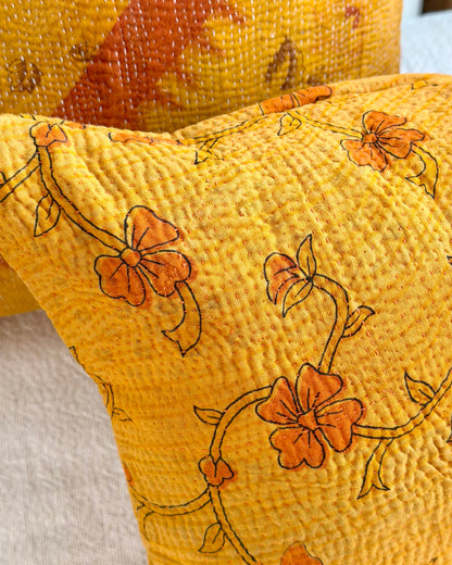 Vintage Kantha Cushion In Yellow Floral- Small Rectangular