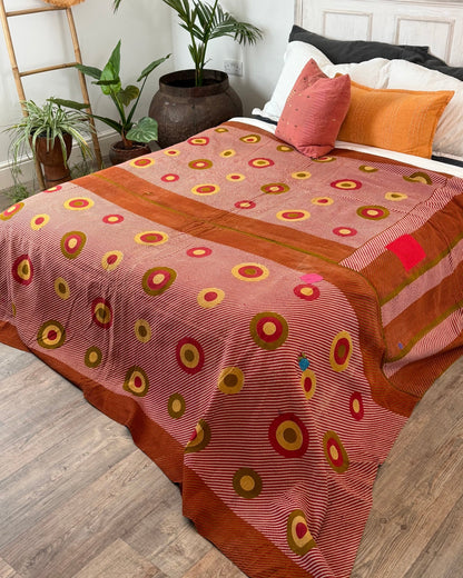 Extra Large Fine Stitched Vintage Kantha Quilt With Pink Dots and Navy Blue Patterns - Biggs & Hill