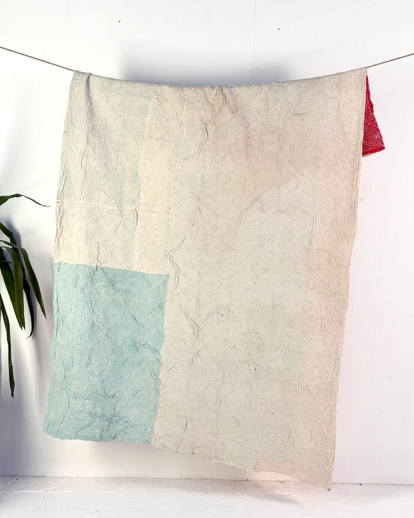 Embroidered Sujini Vintage Kantha Quilt In Red With White Embroidery