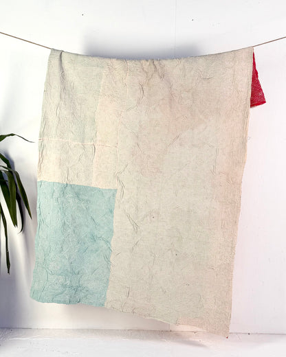 Embroidered Sujini Vintage Kantha Quilt In Red With White Embroidery