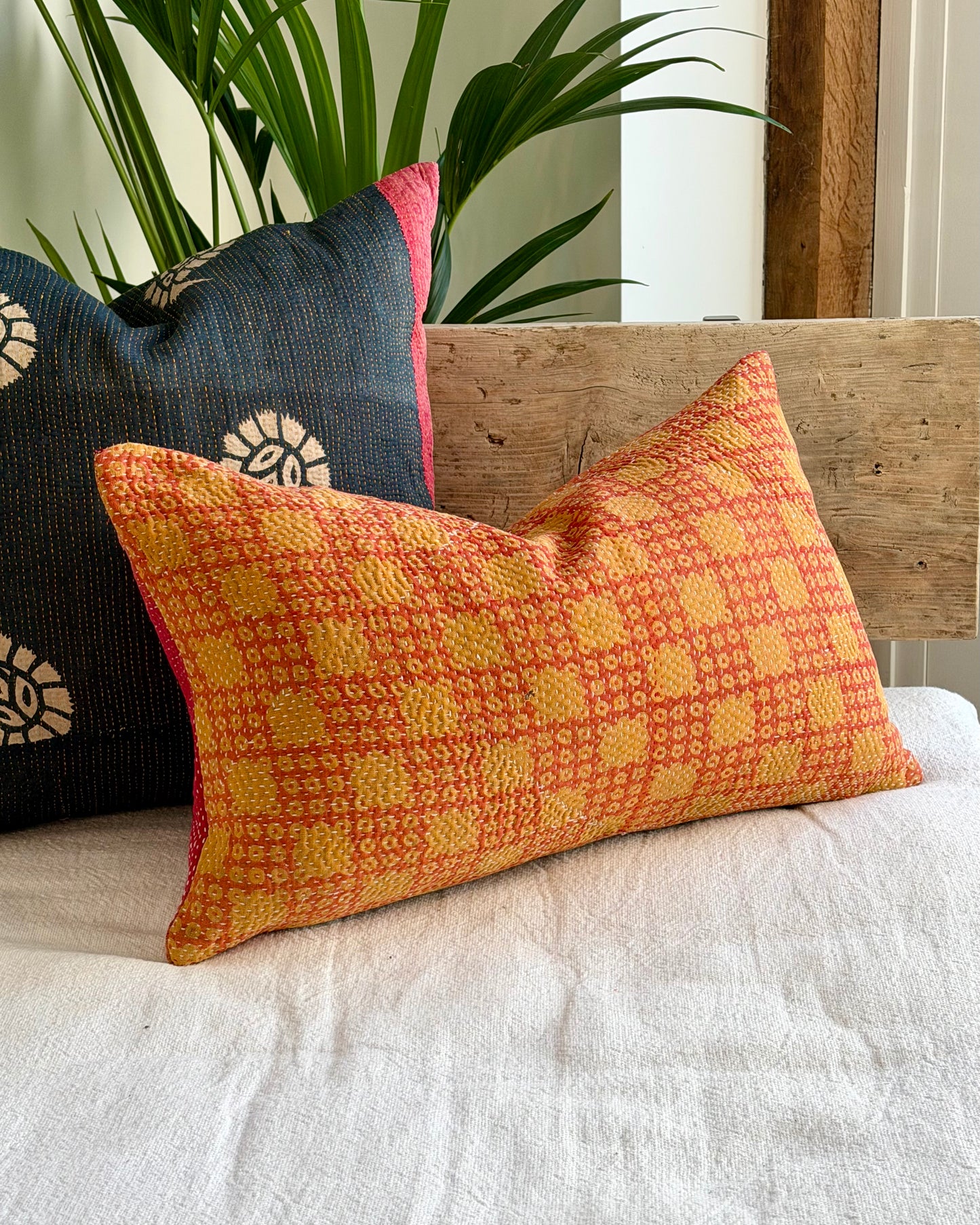 Vintage Kantha Cushion In Pink and Yellow - Small Rectangular