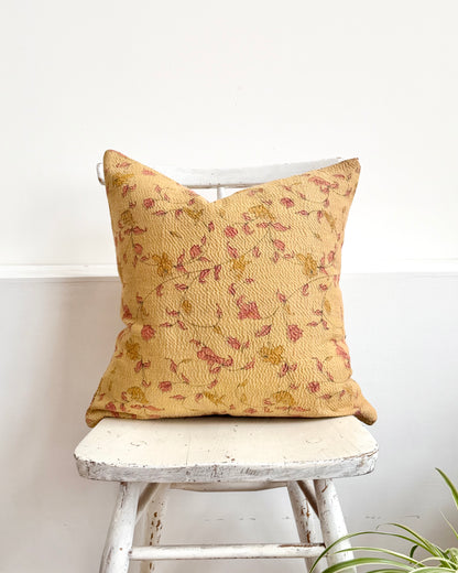 Vintage Kantha Cushion With Yellow Flowers - 45cm Square