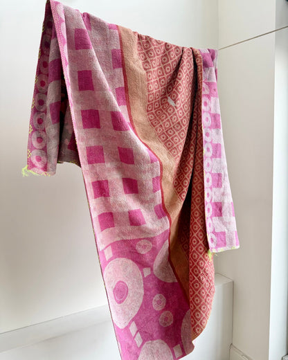 Large Fine Stitched Vintage Kantha Quilt With Pink Squares - Biggs & Hill