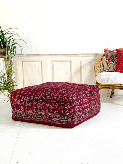 Extra Large Square Pouf Cushion Cover in Dark Red Block Print