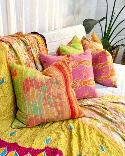 Handmade Reversible Vintage Kantha Cushion Cover In Green and Yellow - 45cm (18") - Biggs & Hill