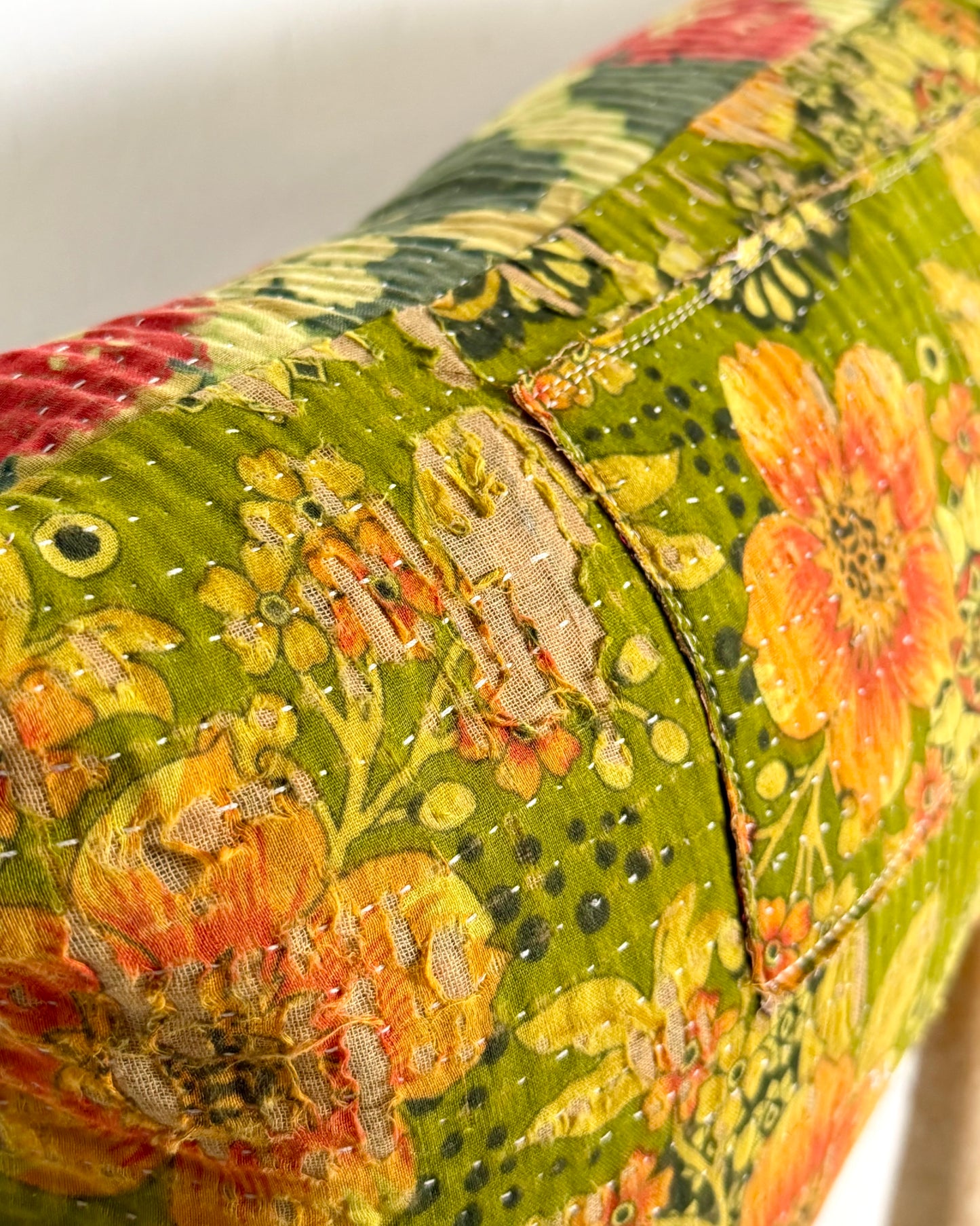 Vintage Kantha Bolster Cushion Cover In Green Floral 30 x 100