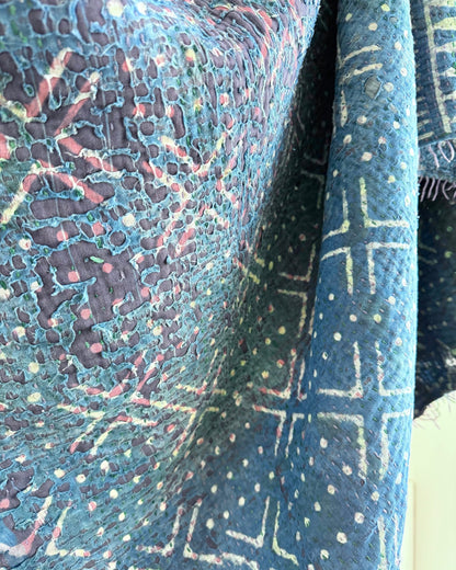 Project Kantha Quilt: Indigo Print With Authentic Aged Texture - Biggs & Hill