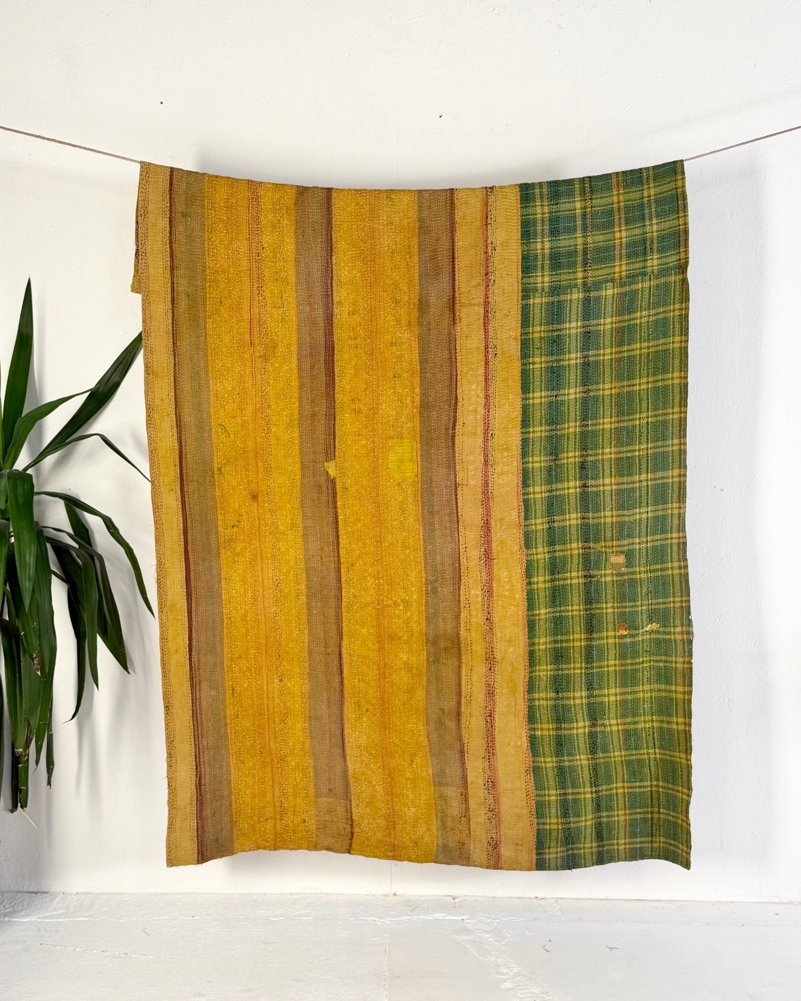 Ajrakh Printed Vintage Kantha Quilt In Green-Gold - Biggs & Hill