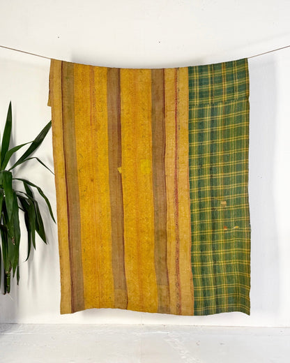Ajrakh Printed Vintage Kantha Quilt In Green-Gold - Biggs & Hill