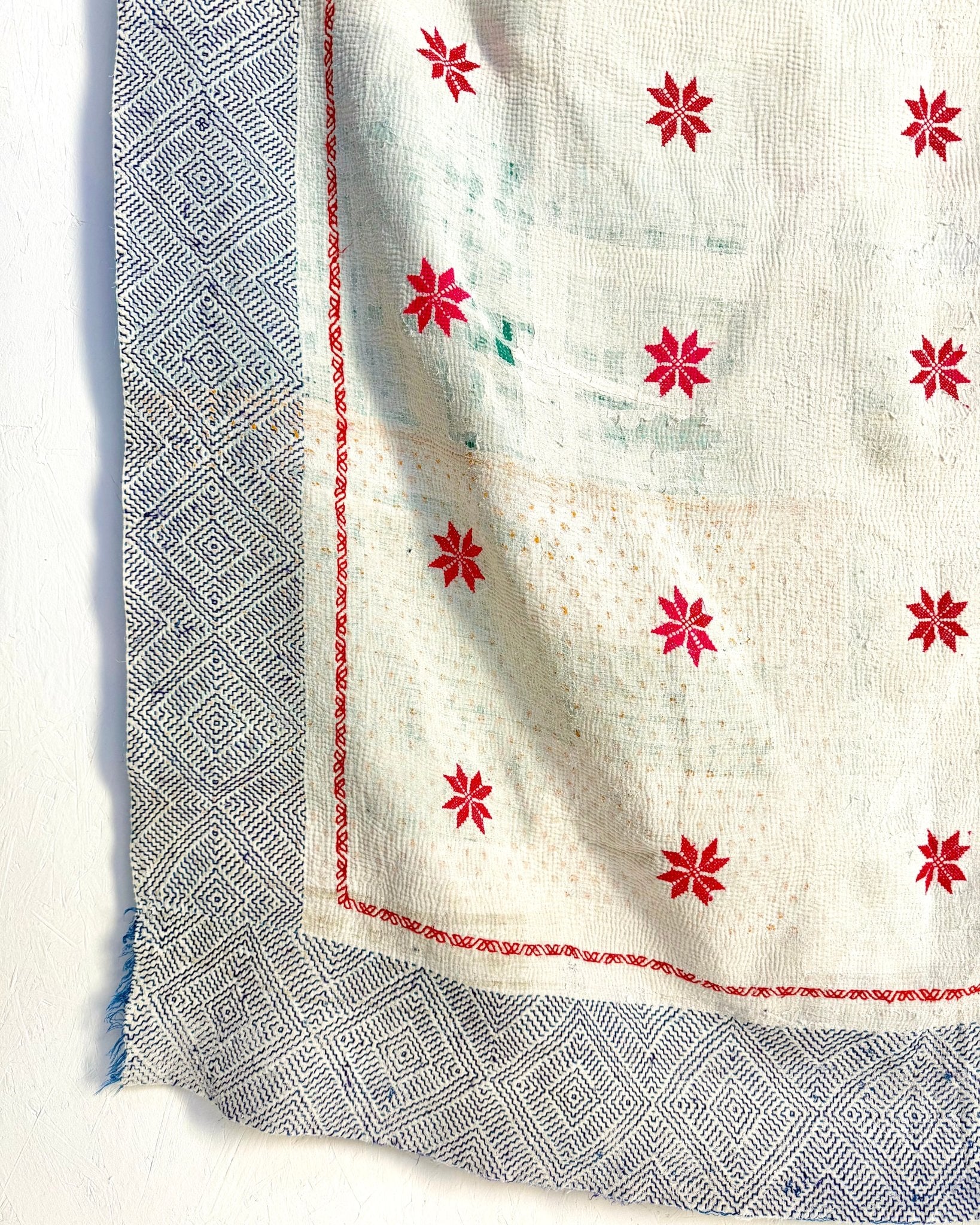 Star Embroidered Vintage Kantha Quilt in White and Pink - Biggs & Hill