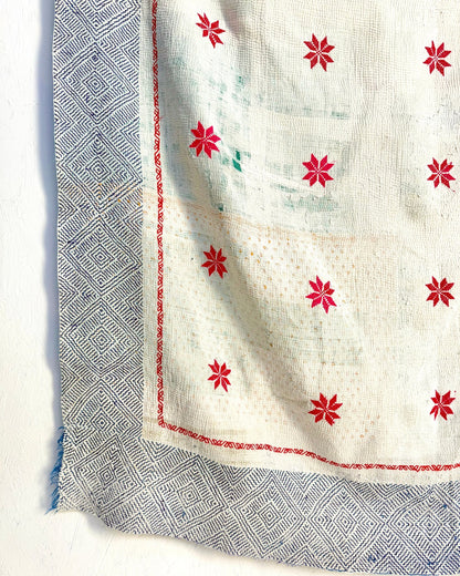Star Embroidered Vintage Kantha Quilt in White and Pink - Biggs & Hill