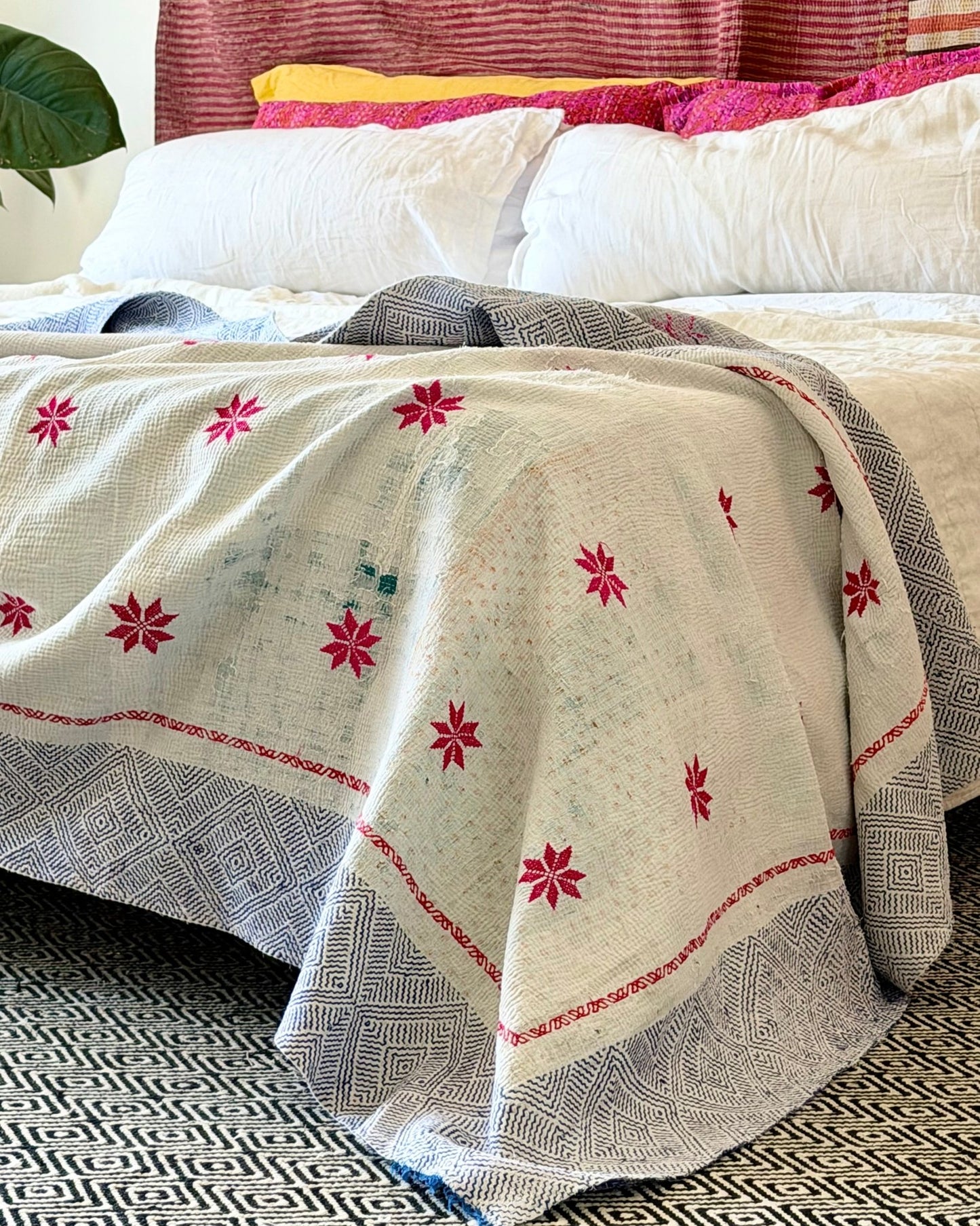 Star Embroidered Vintage Kantha Quilt in White and Pink - Biggs & Hill