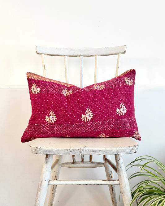 Vintage Kantha Cushion In Burgundy and Gold - Small Rectangular