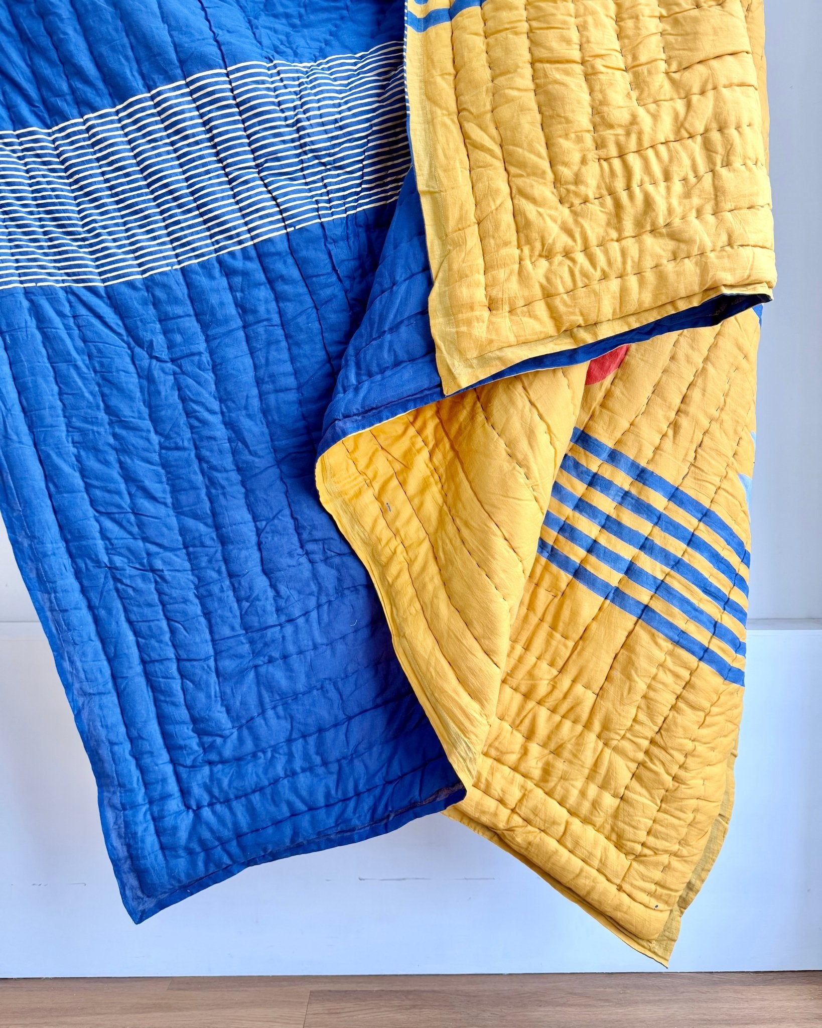 Quilted Kantha In Blue and Yellow With Geometric Patterns - SUPER KING - Biggs & Hill