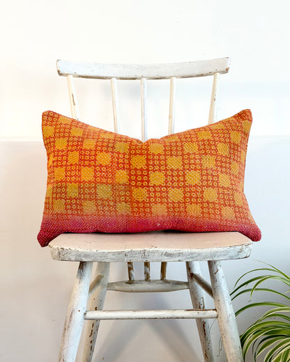Vintage Kantha Cushion In Pink and Yellow - Small Rectangular