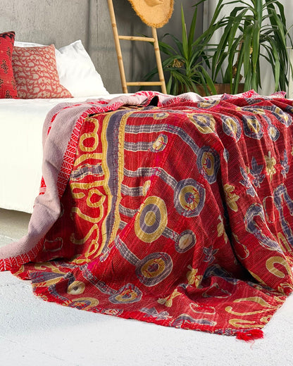 Embroidered Vintage Kantha Quilt in Red and Lilac - Biggs & Hill