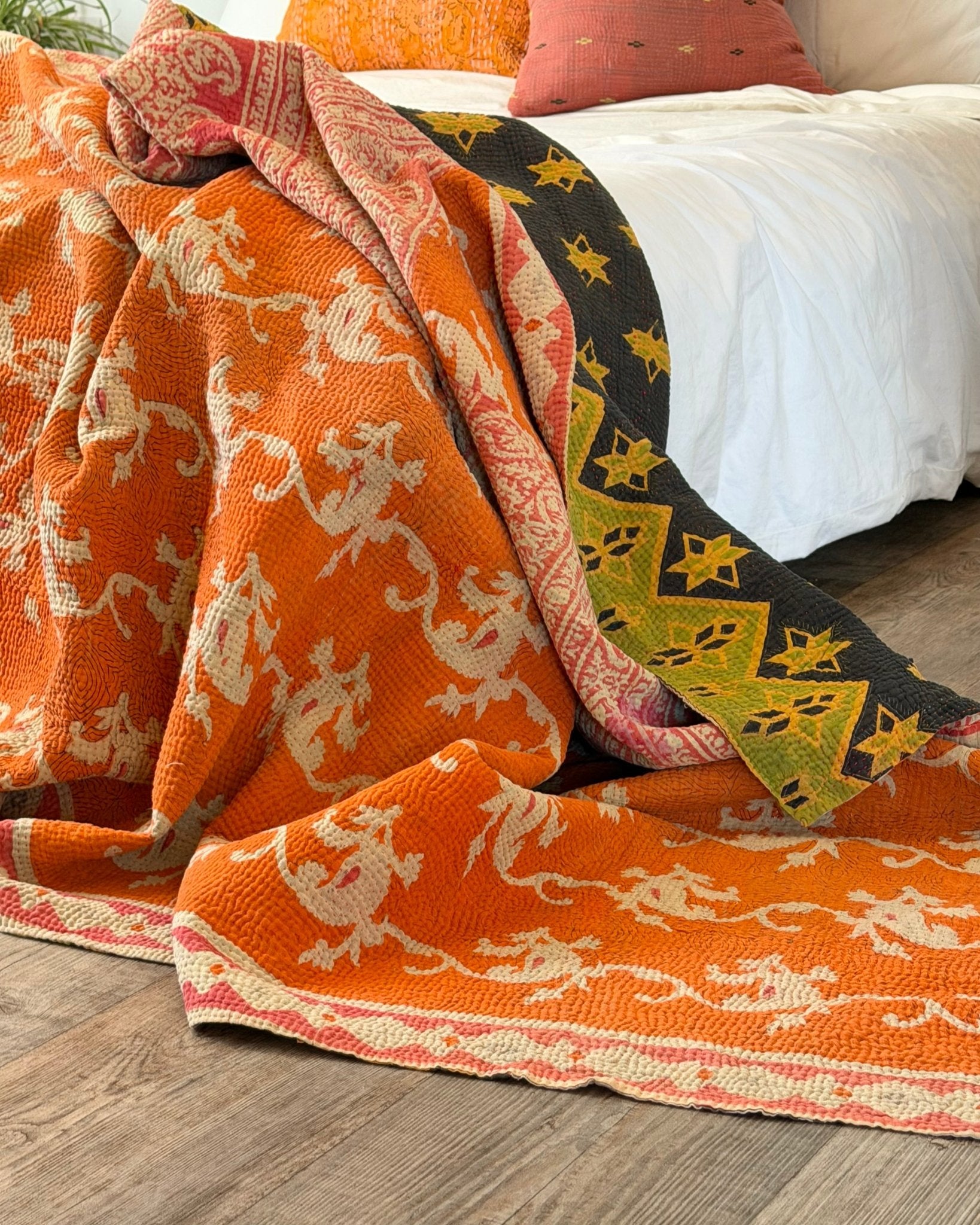 Large Fine Stitched Vintage Kantha Quilt In Orange, Black and Green - Biggs & Hill