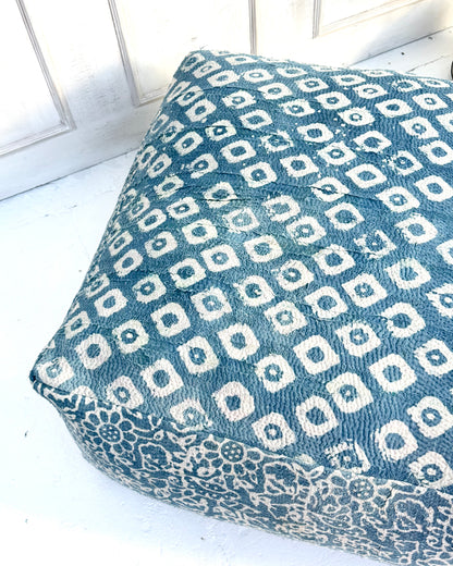 Extra Large Square Kantha Pouf Cushion Cover in Indigo Block Print