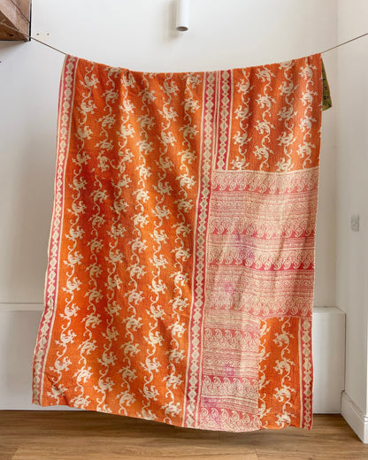 Large Fine Stitched Vintage Kantha Quilt In Orange, Black and Green - Biggs & Hill