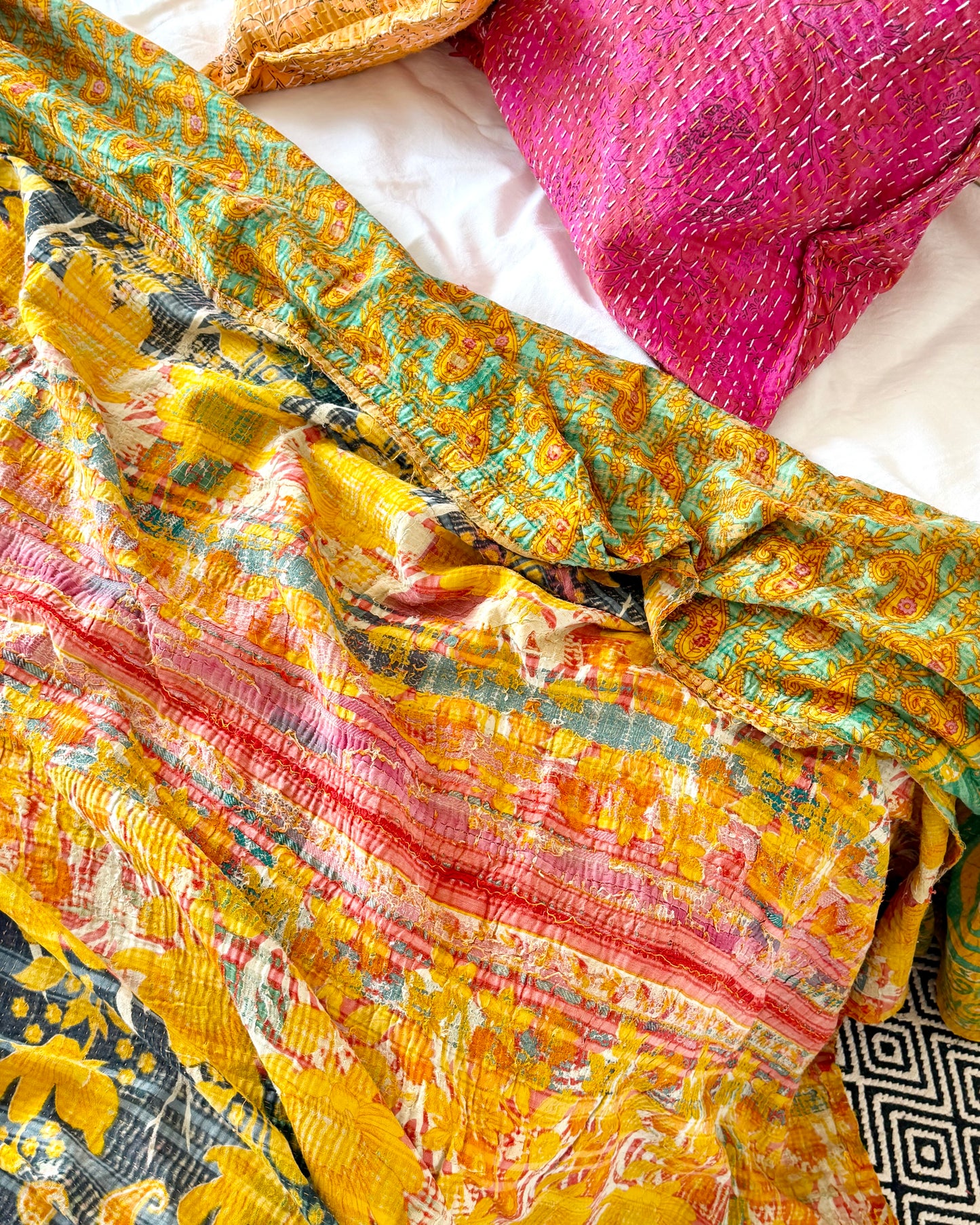 Extra Large Large Fine Stitched Vintage Kantha Quilt in Orange and Navy Blue