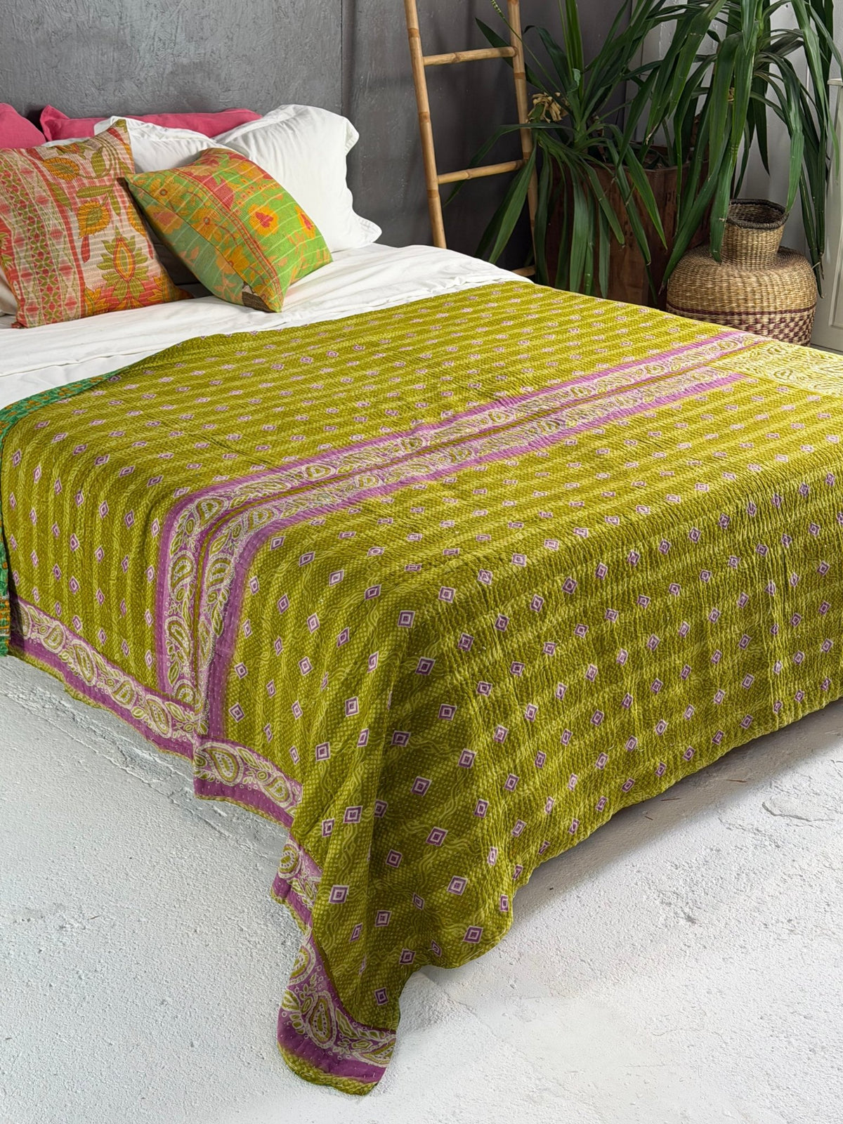 Large Fine Stitched Vintage Kantha Quilt in Green - Biggs & Hill