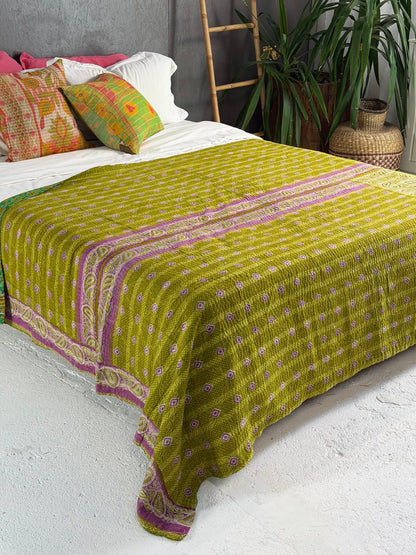 Large Fine Stitched Vintage Kantha Quilt in Green - Biggs & Hill