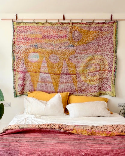 Textured Vintage Kantha Quilt In Pink and Yellow