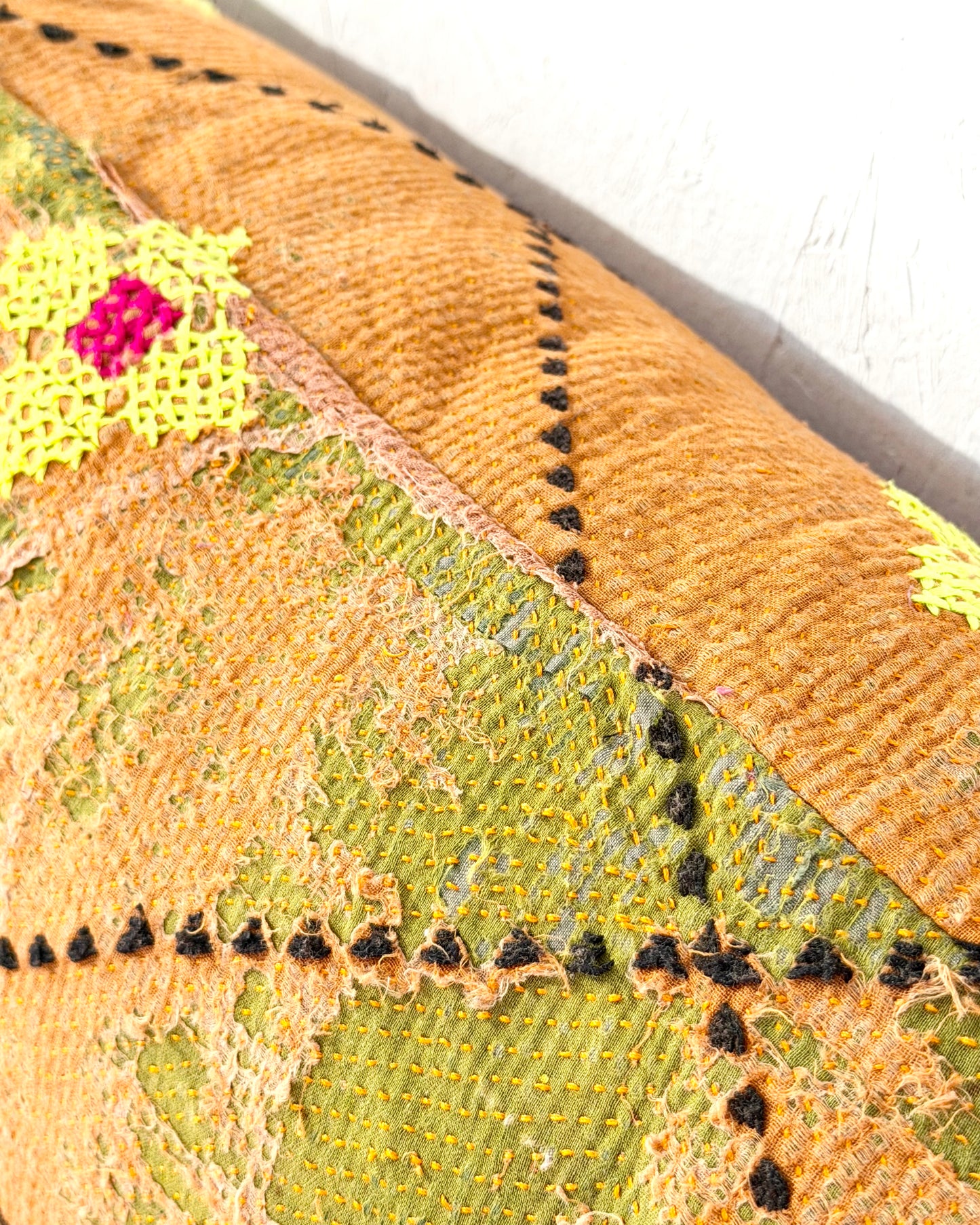 Vintage Kantha Bolster Cushion Cover In Textured Green and Orange 80cm
