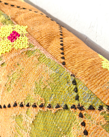 Vintage Kantha Bolster Cushion Cover In Textured Green and Orange 80cm