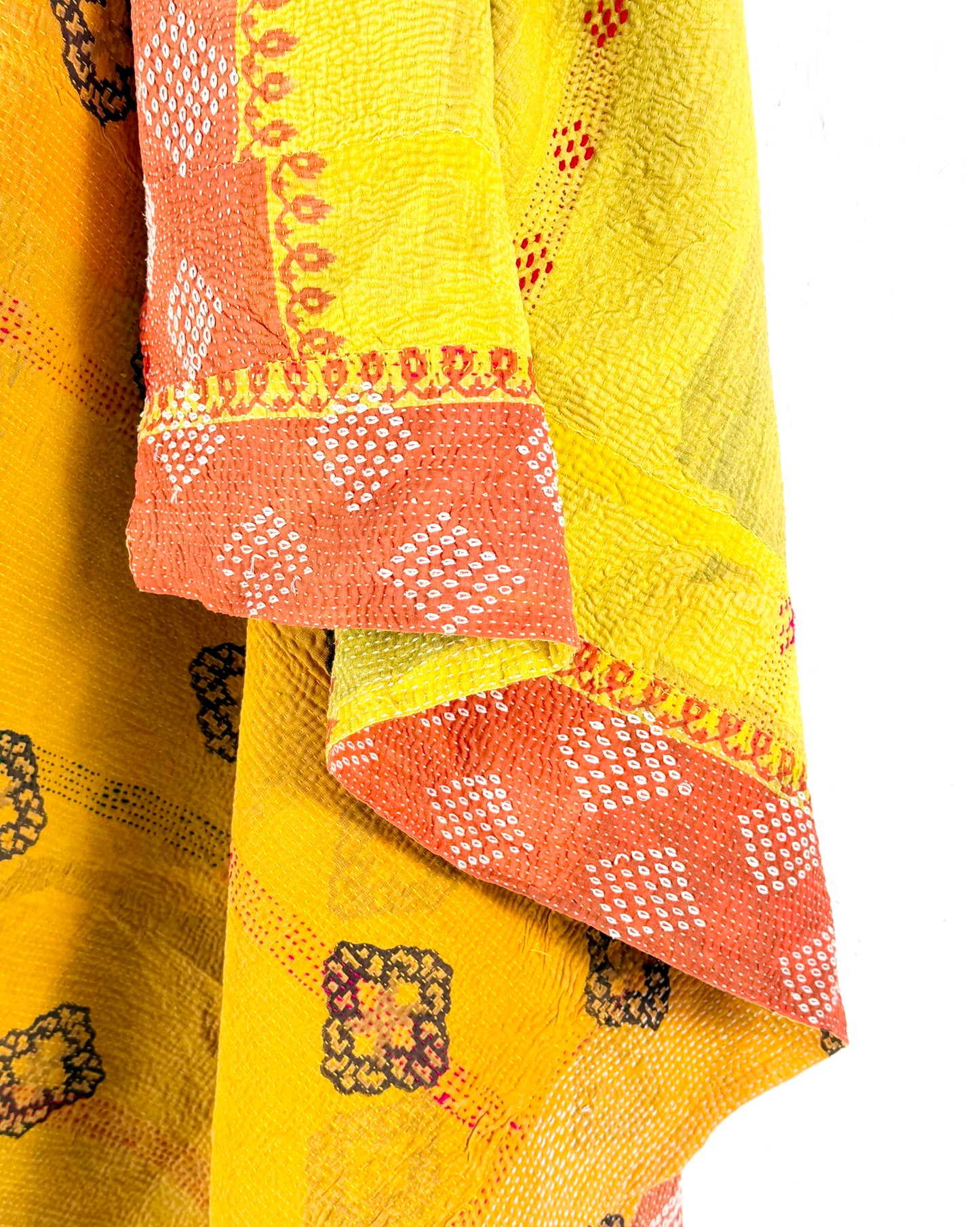 Large Embroidered Vintage Kantha Quilt in Yellow and Orange